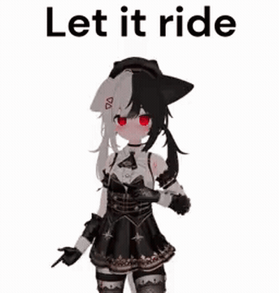 A Girl In A Black And White Dress With Red Eyes Is Standing In Front Of A White Background With The Words `` Let It Ride GIF