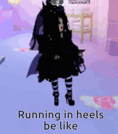 A Girl In A Black Dress And Striped Socks Is Running In Heels . GIF