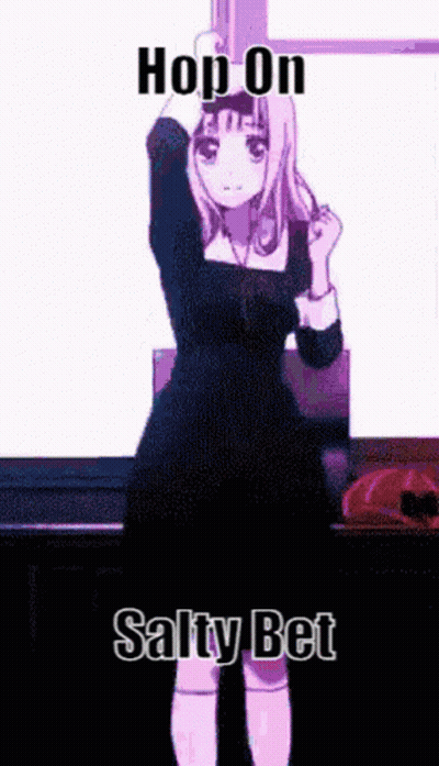 A Girl In A Black Dress Is Dancing With The Words Hop On Salty Bet GIF