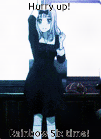 A Girl In A Black Dress Is Dancing With The Words Hurry Up Rainbow Six Time Below Her GIF