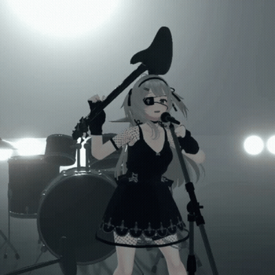 A Girl In A Black Dress Is Holding A Guitar In Front Of A Drum Set GIF