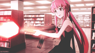 A Girl In A Black Dress Is Holding A Gun In A Library With Butamaru Written On The Bottom GIF