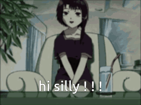 A Girl In A Black Dress Is Sitting At A Table With The Words Hi Silly Below Her GIF
