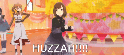 A Girl In A Black Dress Is Standing In Front Of A Sign That Says Huzzah GIF
