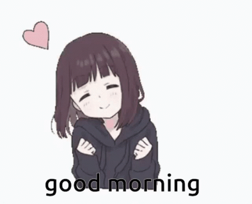 A Girl In A Black Hoodie Is Hugging Herself With A Heart Above Her Head And The Words `` Good Morning '' . GIF