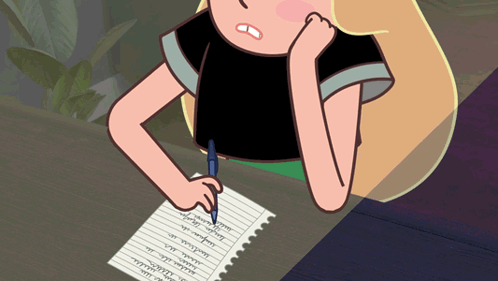 A Girl In A Black Shirt Is Writing On A Piece Of Paper With A Blue Pen GIF