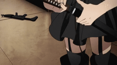 A Girl In A Black Skirt Is Holding A Sword With A Gun Laying On The Floor Behind Her GIF