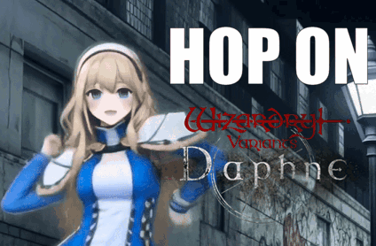 A Girl In A Blue And White Outfit Is Standing In Front Of A Building With The Words Hop On Above Her GIF