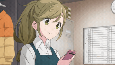 A Girl In A Blue Apron Is Holding A Cell Phone In Front Of A Calendar GIF