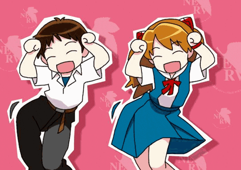 A Girl In A Blue Dress And A Boy In A White Shirt Are Dancing In Front Of A Pink Background With The Word Nerv On It GIF