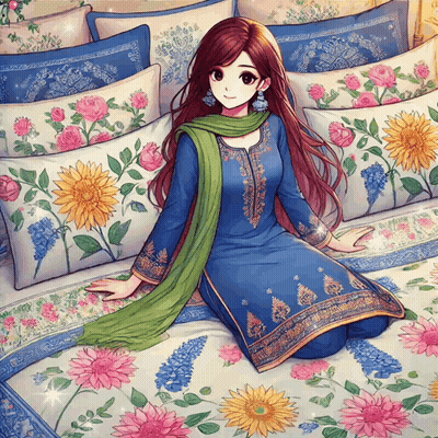 A Girl In A Blue Dress And Green Scarf Sits On A Bed With Flowers On It GIF