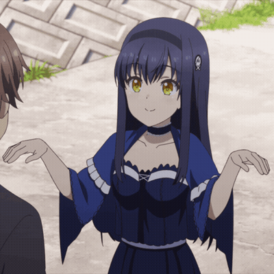 A Girl In A Blue Dress Has A Skull And Crossbones Earring GIF