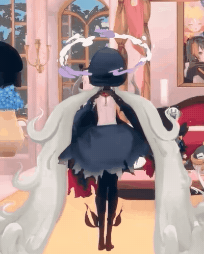 A Girl In A Blue Dress Is Standing In A Room With A Red Couch GIF