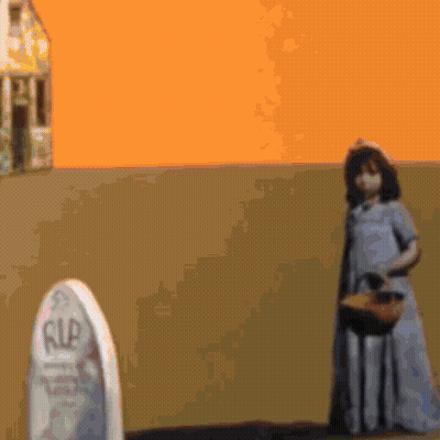A Girl In A Blue Dress Is Standing In Front Of A Gravestone That Says Rip GIF