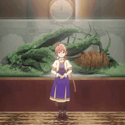 A Girl In A Blue Dress Is Standing In Front Of A Large Fish Tank GIF