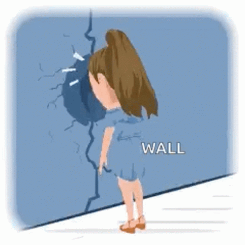 A Girl In A Blue Dress Is Standing Next To A Wall . GIF
