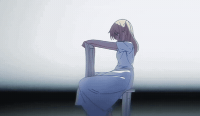 A Girl In A Blue Dress Sits On A White Chair GIF