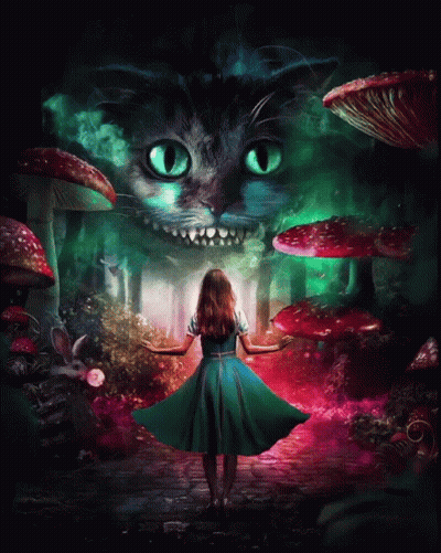 A Girl In A Blue Dress Stands In Front Of A Cheshire Cat Surrounded By Mushrooms GIF
