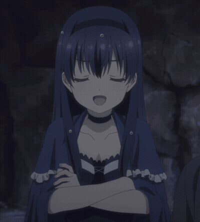 A Girl In A Blue Dress With Her Eyes Closed And Her Mouth Open GIF