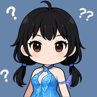 A Girl In A Blue Dress With Question Marks Around Her Head GIF
