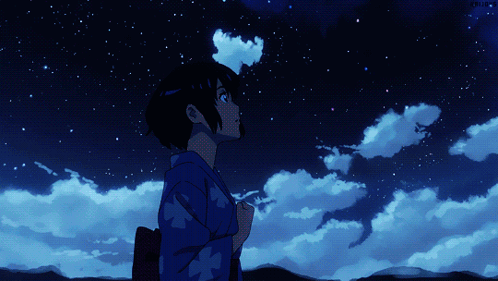 A Girl In A Blue Kimono Is Looking Up At The Night Sky GIF