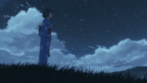 A Girl In A Blue Kimono Is Standing In The Grass Looking At The Stars GIF
