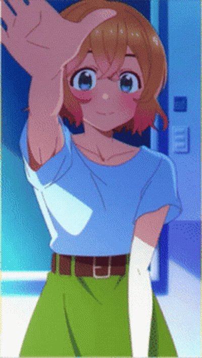 A Girl In A Blue Shirt And Green Skirt Is Standing In Front Of A Door GIF