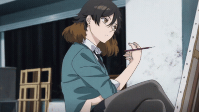 A Girl In A Blue Shirt Is Holding A Pencil In Her Hand GIF