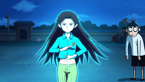 A Girl In A Blue Shirt Is Standing Next To A Boy With Big Eyes GIF
