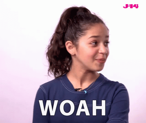 A Girl In A Blue Shirt With The Word Woah On Her Chest GIF