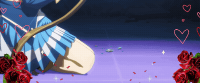 A Girl In A Blue Skirt Is Kneeling On A Purple Floor With Red Roses And Hearts Surrounding Her GIF