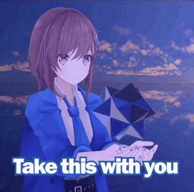 A Girl In A Blue Suit And Tie Is Holding Something In Her Hands And The Words Take This With You Are Above Her GIF