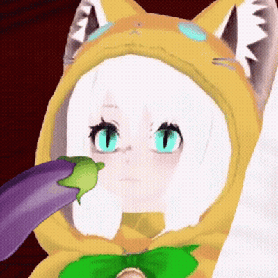 A Girl In A Cat Costume Has A Purple Eggplant On Her Nose GIF