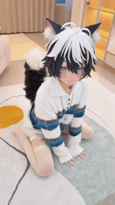 A Girl In A Cat Costume Is Kneeling On The Floor In A Living Room . GIF