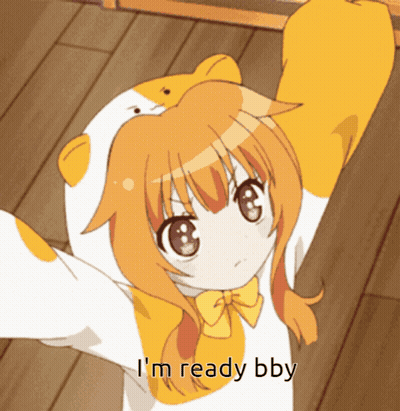 A Girl In A Cat Costume With The Words I 'M Ready Bby On The Bottom GIF