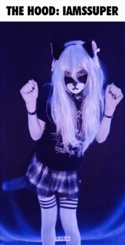 A Girl In A Cat Costume With The Words The Hood Iamssuper On The Bottom GIF