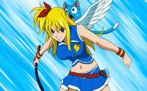 A Girl In A Cheerleader Outfit Is Holding A Sword With A Cat On Her Back GIF