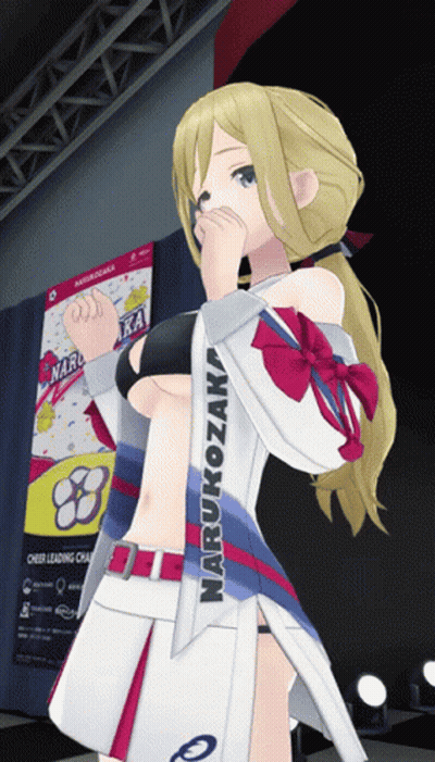 A Girl In A Cheerleading Outfit Has The Name Narukozaka On Her Sleeve GIF