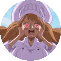 A Girl In A Chef 'S Hat Is Making A Funny Face With Her Mouth Open And Red Eyes . Sticker