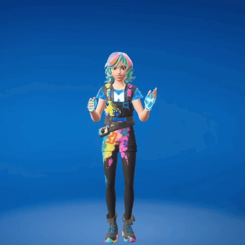 A Girl In A Colorful Outfit Stands With Her Arms In The Air GIF