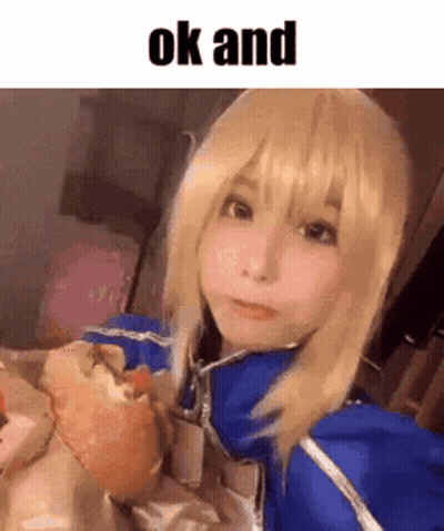 A Girl In A Cosplay Costume Is Eating A Hamburger And Making A Face . GIF