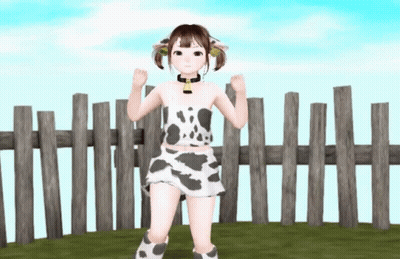 A Girl In A Cow Print Outfit Stands In Front Of A Fence GIF