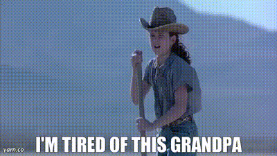 A Girl In A Cowboy Hat Is Holding A Stick And Says I 'M Tired Of This Grandpa . GIF