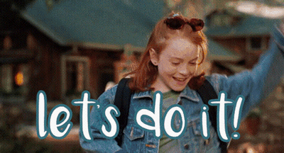A Girl In A Denim Jacket Is Standing In Front Of A House With The Words Let 'S Do It . GIF