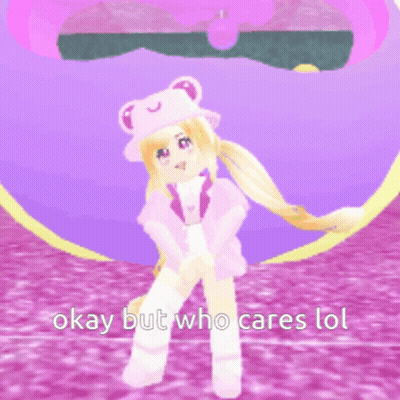 A Girl In A Frog Hat Is Standing In Front Of A Purple Heart With The Words Okay But Who Cares Lol Below Her GIF