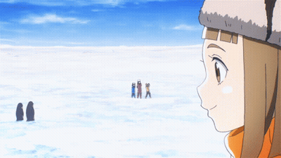 A Girl In A Fur Hat Is Looking At A Group Of People Standing In The Snow GIF