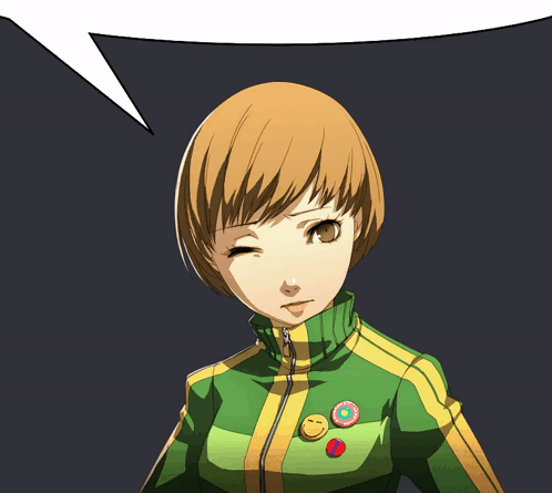 A Girl In A Green And Yellow Jacket Has A Speech Bubble Above Her GIF