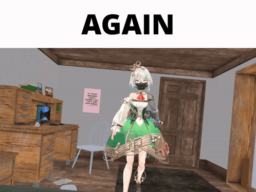 A Girl In A Green Dress Is Standing In A Room With The Words Again Above Her GIF