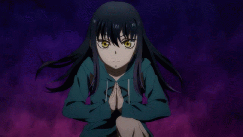 A Girl In A Green Hoodie Is Kneeling Down On A Purple Circle GIF
