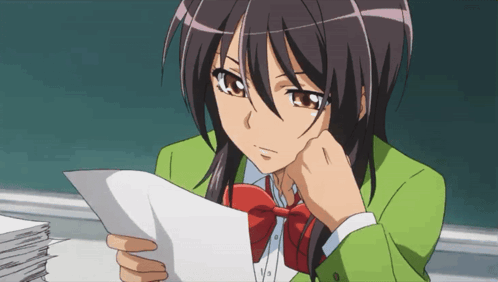 A Girl In A Green Jacket With A Red Bow Tie Is Reading A Piece Of Paper GIF